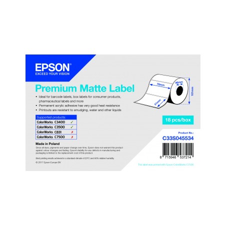 EPSON étiquette adhésif  Premium Matte 76X51mm pour TM-C3500